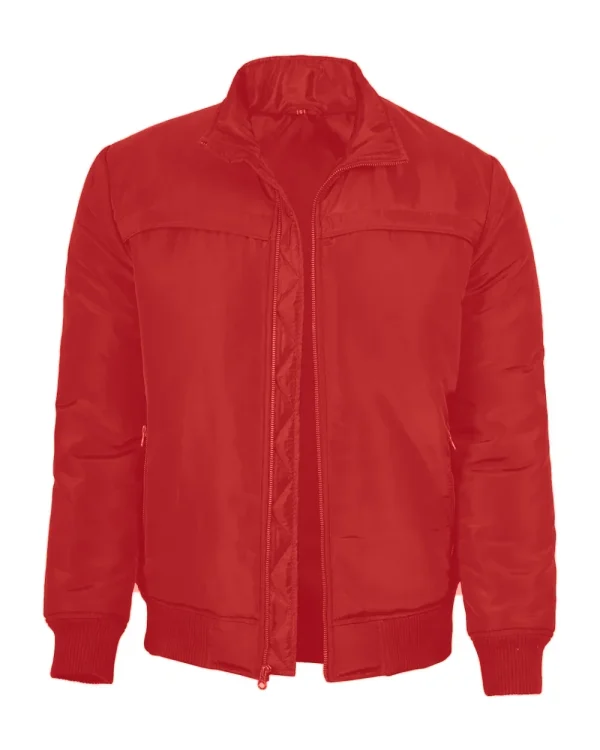 A red satin bomber jacket