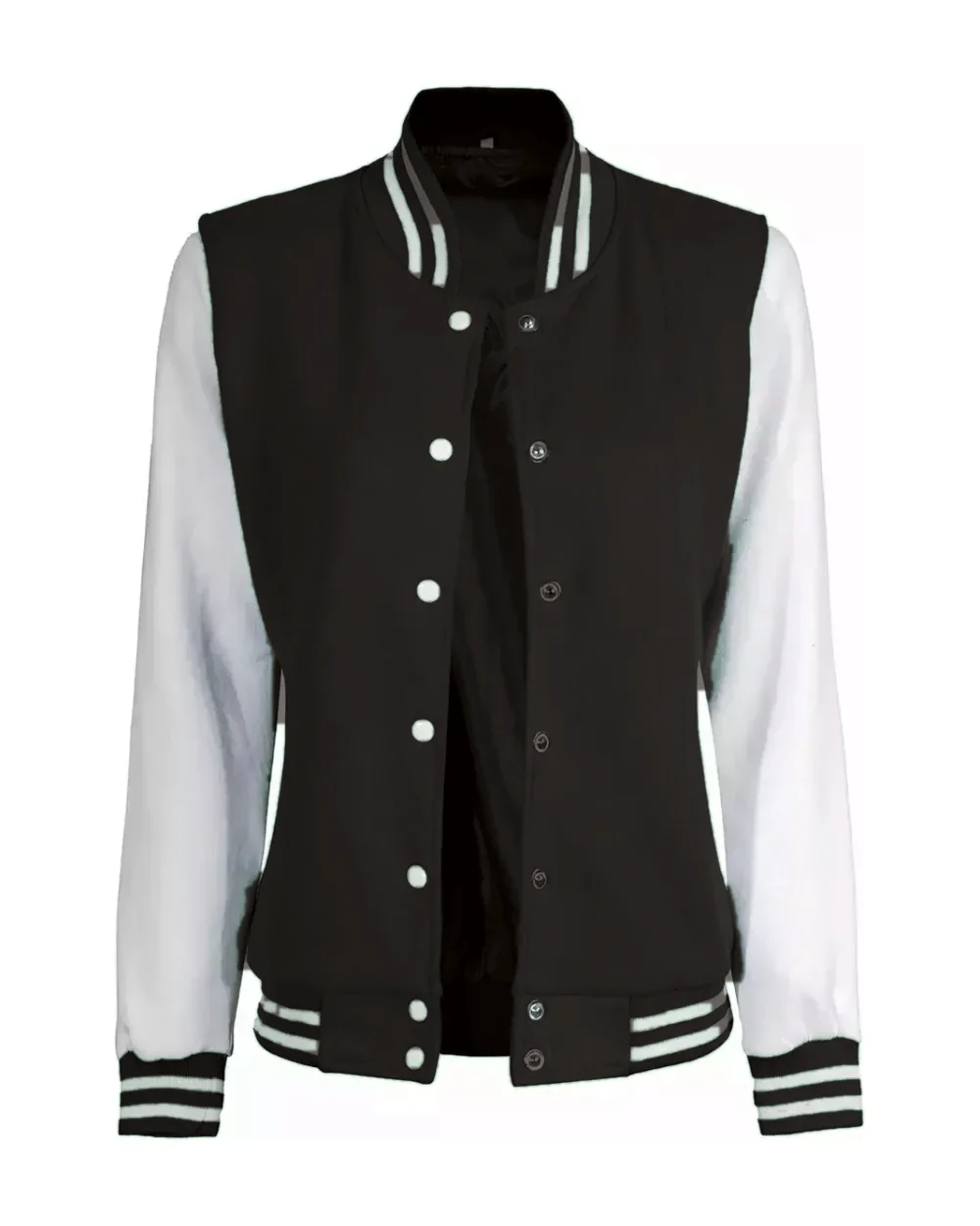 A black melton varsity jacket with cream sleeves
