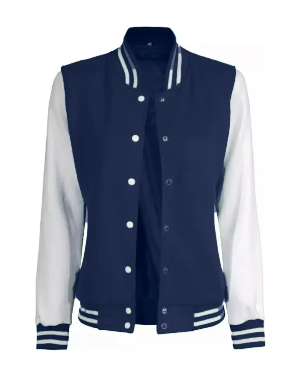 A navy melton varsity jacket with cream sleeves