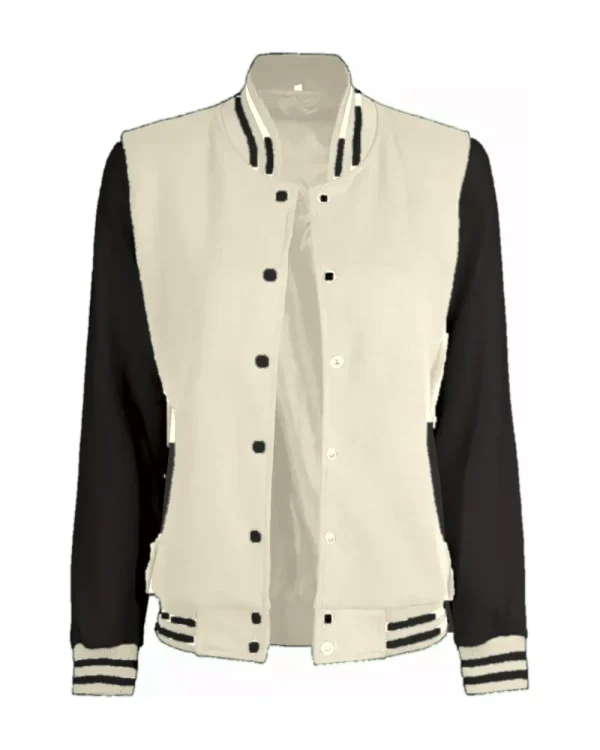 A cream melton varsity jacket with black sleeves