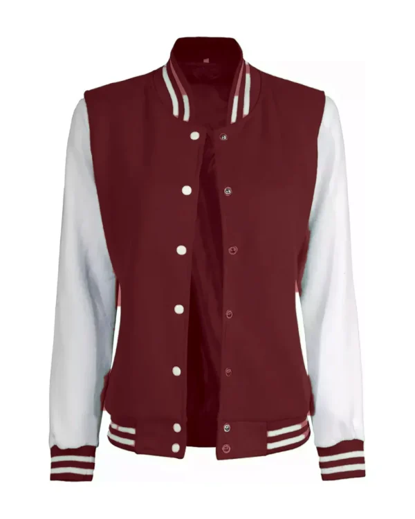 An oxblood melton varsity jacket with cream sleeves