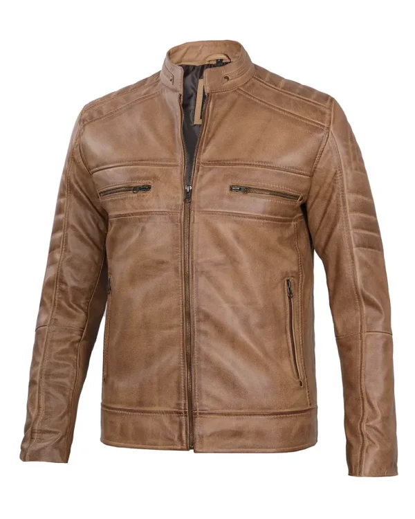 A camel brown leather cafe racer jacket with a band collar