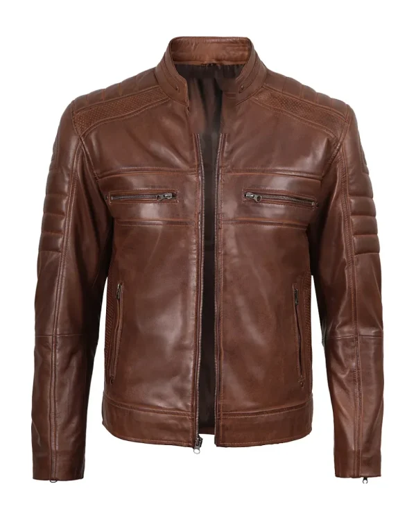 A cognac leather racer jacket with a band collar and quilted shoulders