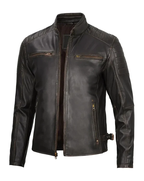A dark brown leather cafe racer jacket with a band collar
