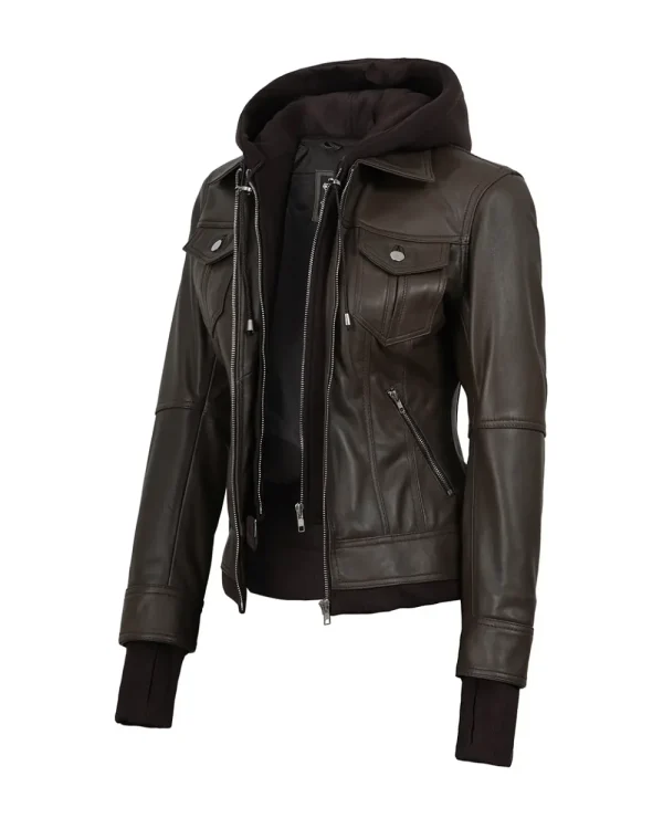 An espresso brown women's leather jacket with a removable hood