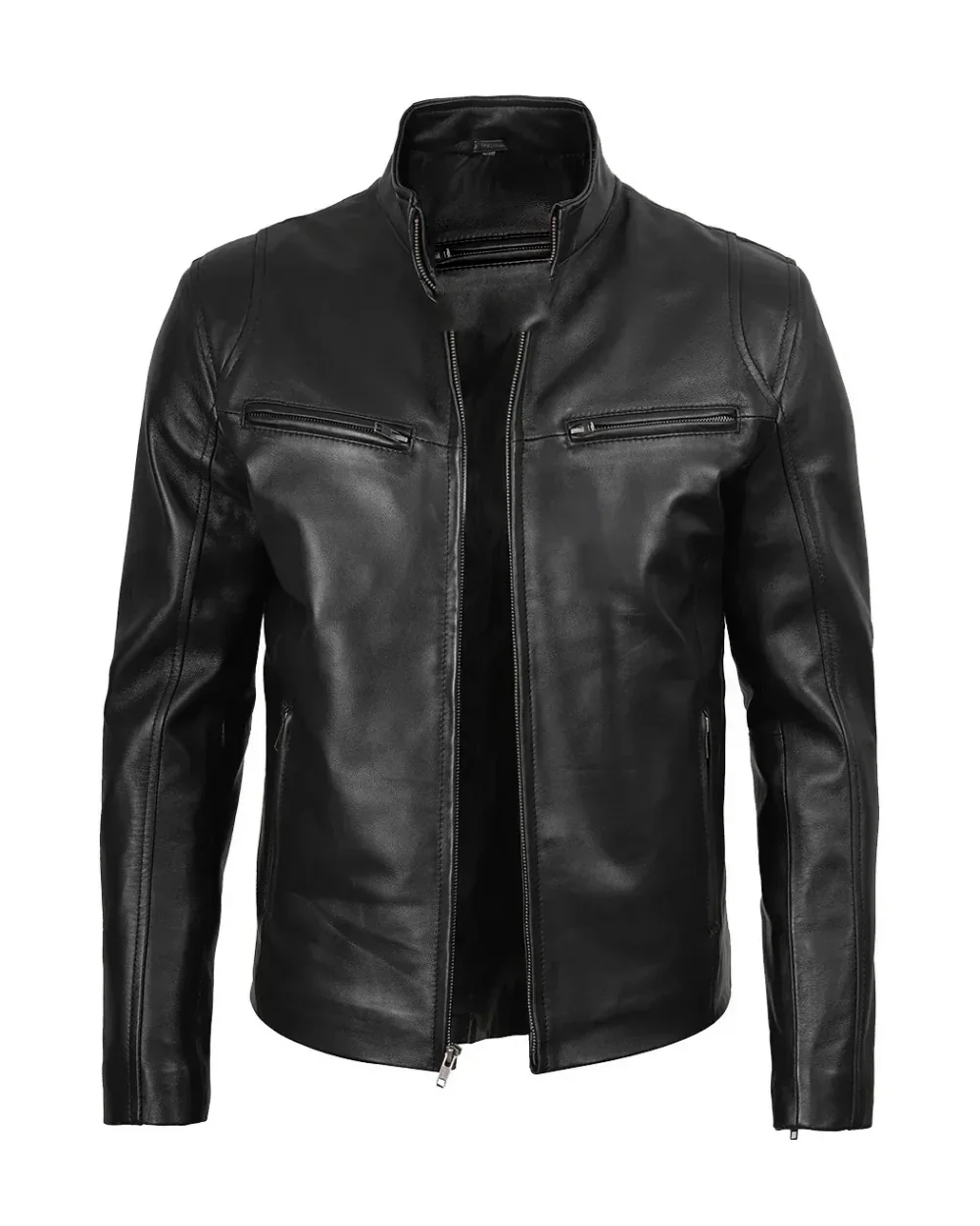 A black leather cafe racer jacket