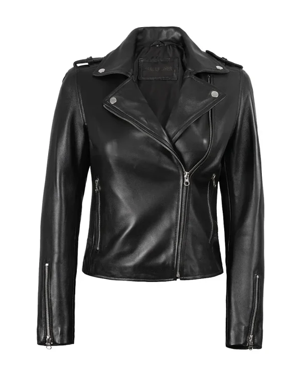 A black women's leather biker jacket