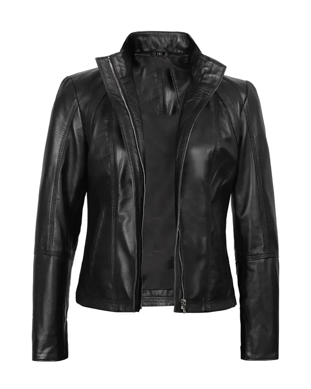 A black women's leather cafe racer jacket