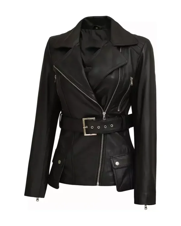 A black, belted women's leather moto jacket