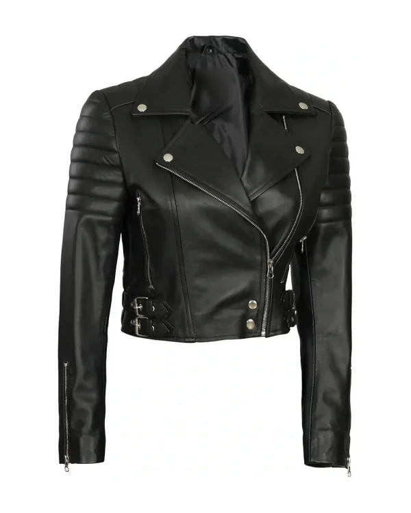 A vintage black women's leather biker jacket