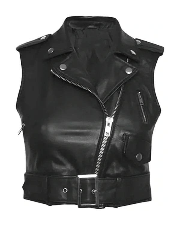 A black, zip leather vest